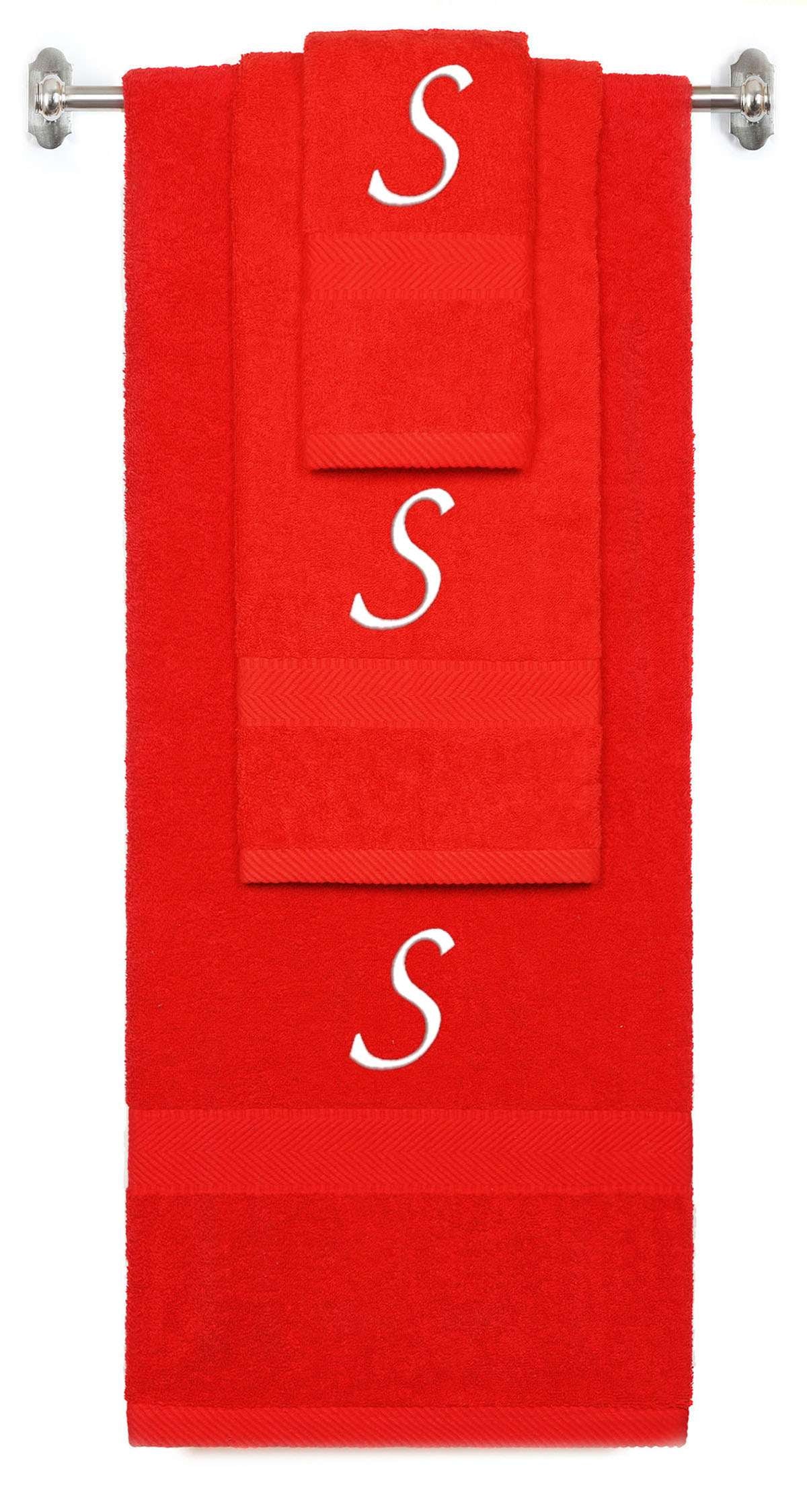 Red monogrammed towel set with White thread, Chancery font, initial S - 540 GSM cotton 3-piece
