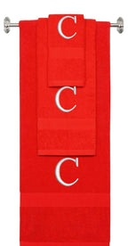Red monogrammed towel set with Silver thread, Times New Roman font, initial C - 540 GSM cotton 3-piece