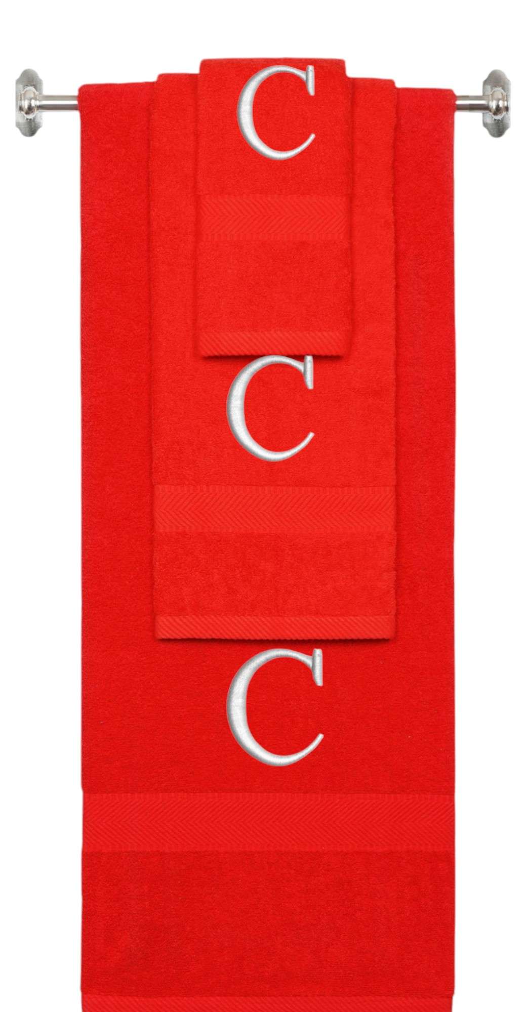 Red monogrammed towel set with Silver thread, Times New Roman font, initial C - 540 GSM cotton 3-piece