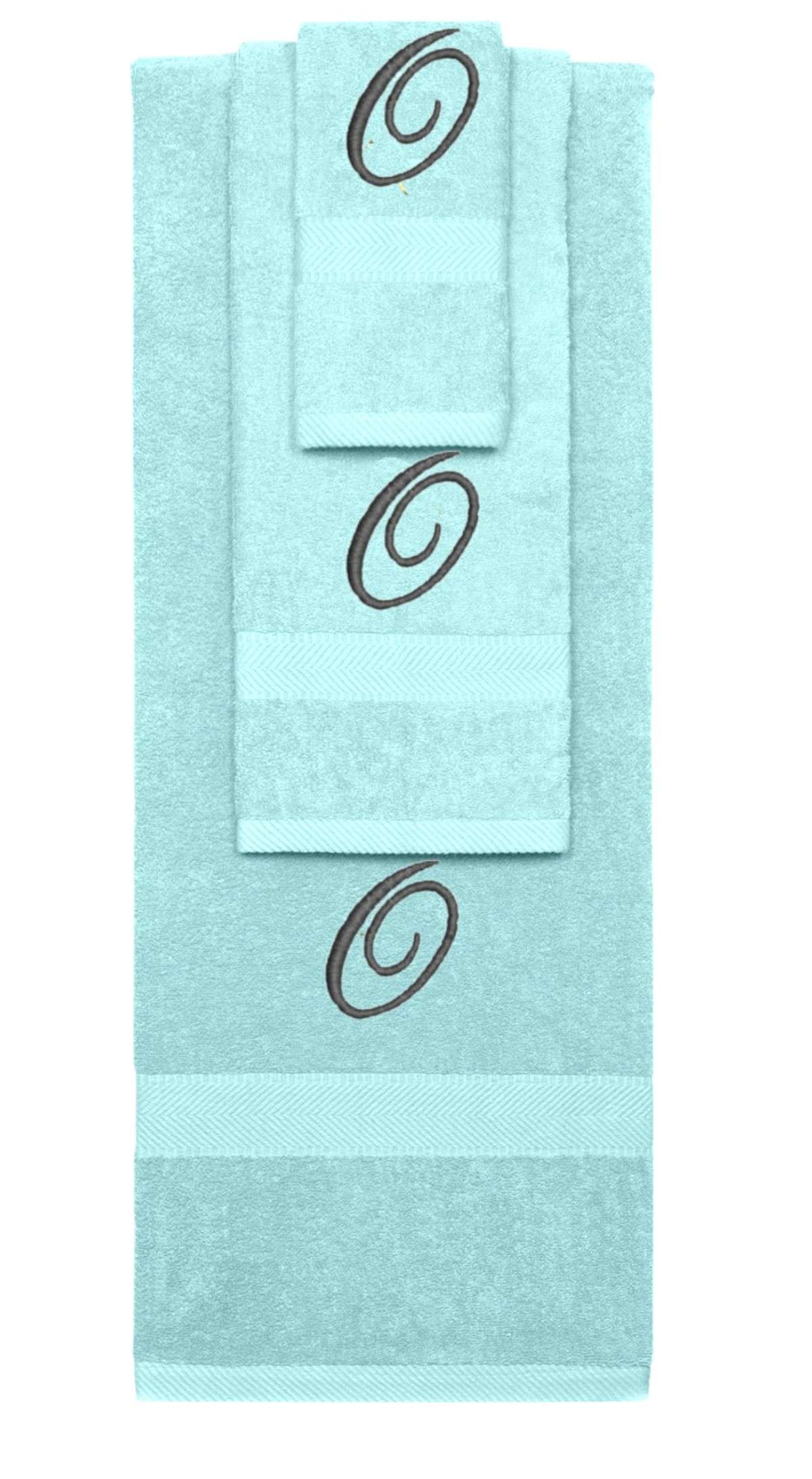 Nautical Teal monogrammed towel set with Black thread, Diana Script font, initial O - 540 GSM cotton 3-piece