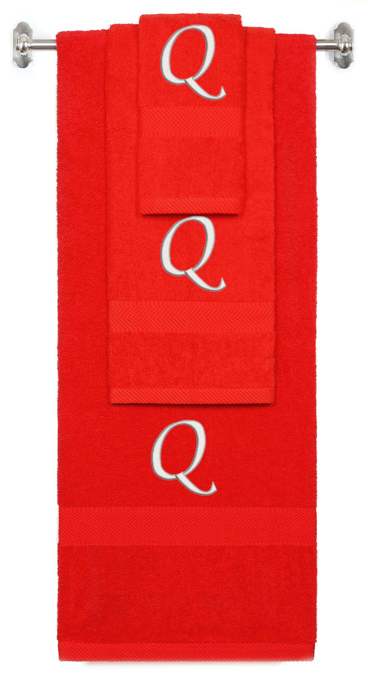 Red monogrammed towel set with Silver thread, Chancery font, initial Q - 540 GSM cotton 3-piece