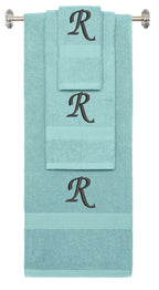 Nautical Teal monogrammed towel set with Black thread, Chancery font, initial R - 540 GSM cotton 3-piece