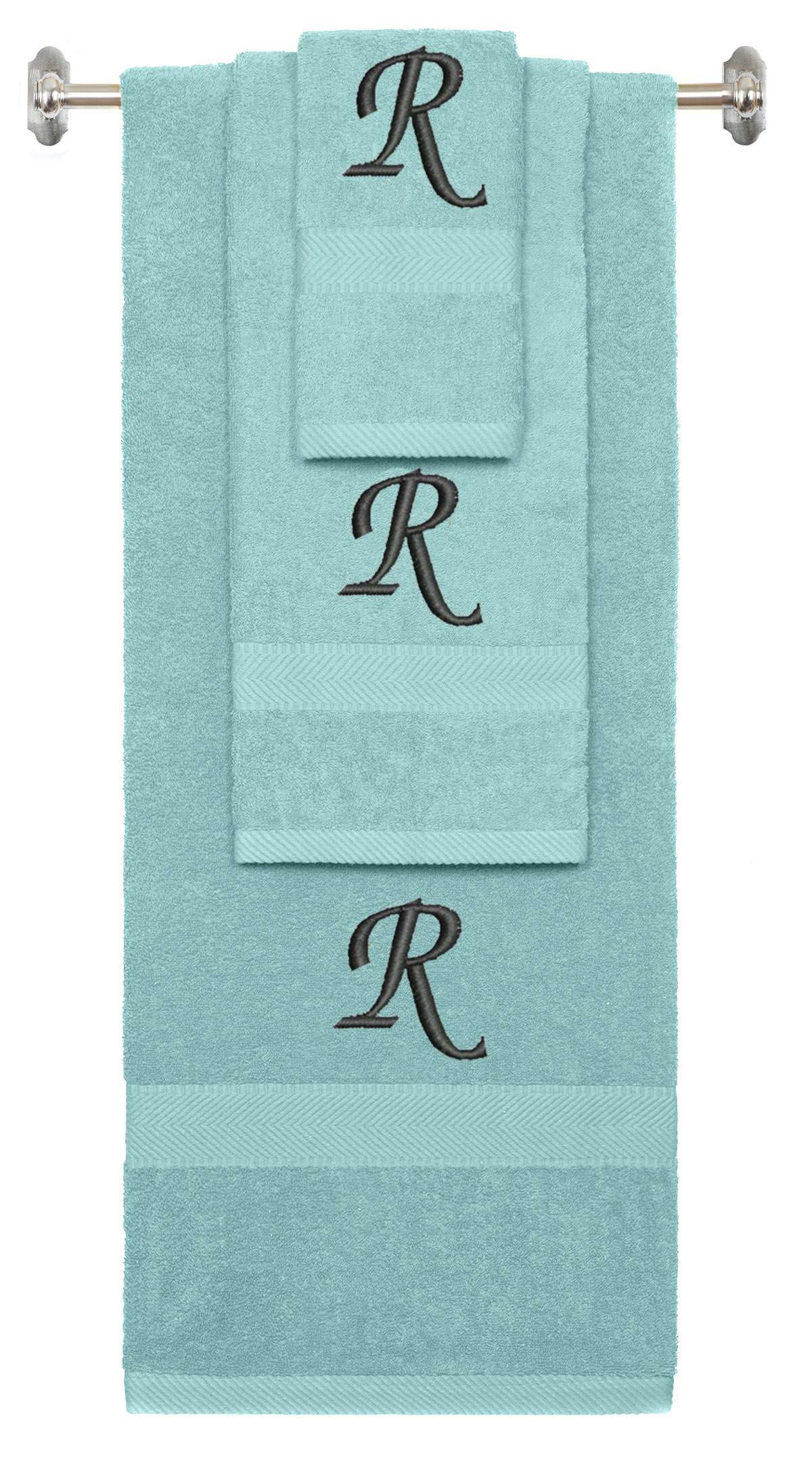 Nautical Teal monogrammed towel set with Black thread, Chancery font, initial R - 540 GSM cotton 3-piece