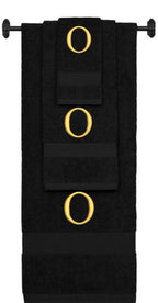 Black monogrammed towel set with Gold thread, Times New Roman font, initial O - 540 GSM cotton 3-piece
