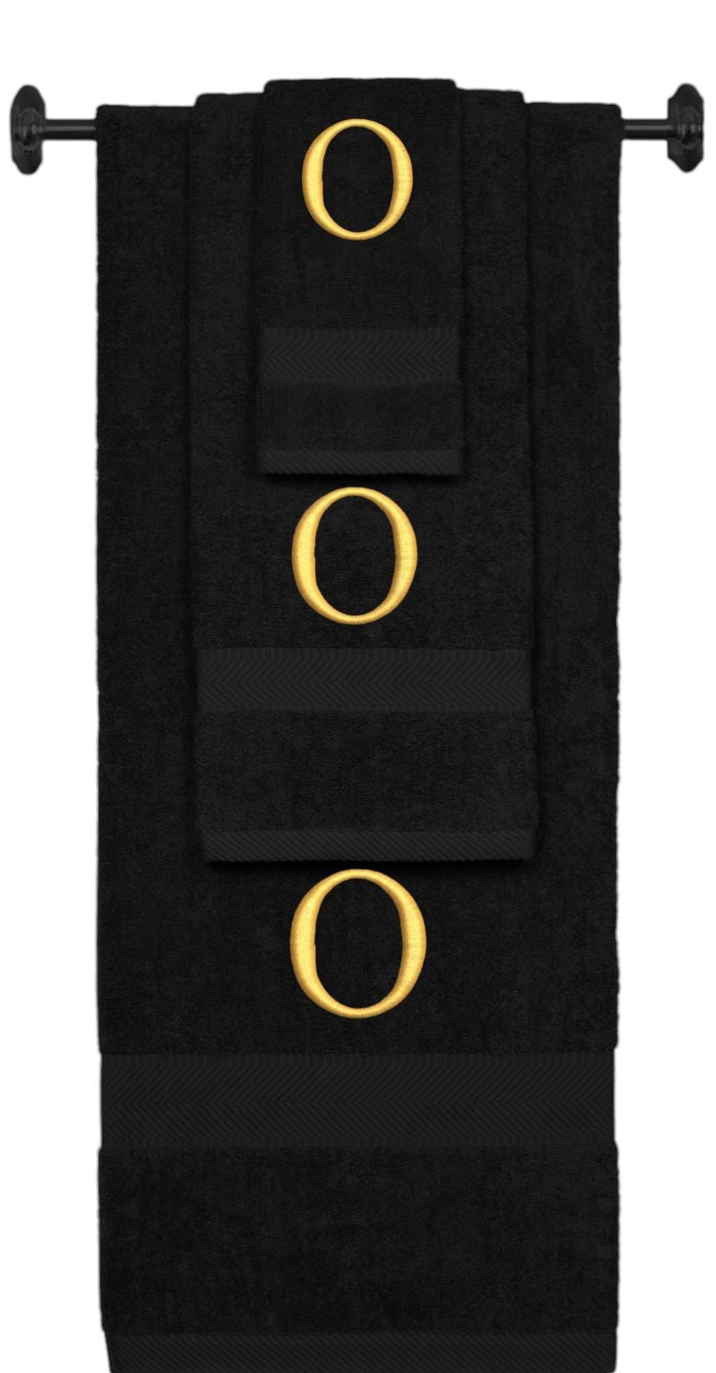 Black monogrammed towel set with Gold thread, Times New Roman font, initial O - 540 GSM cotton 3-piece