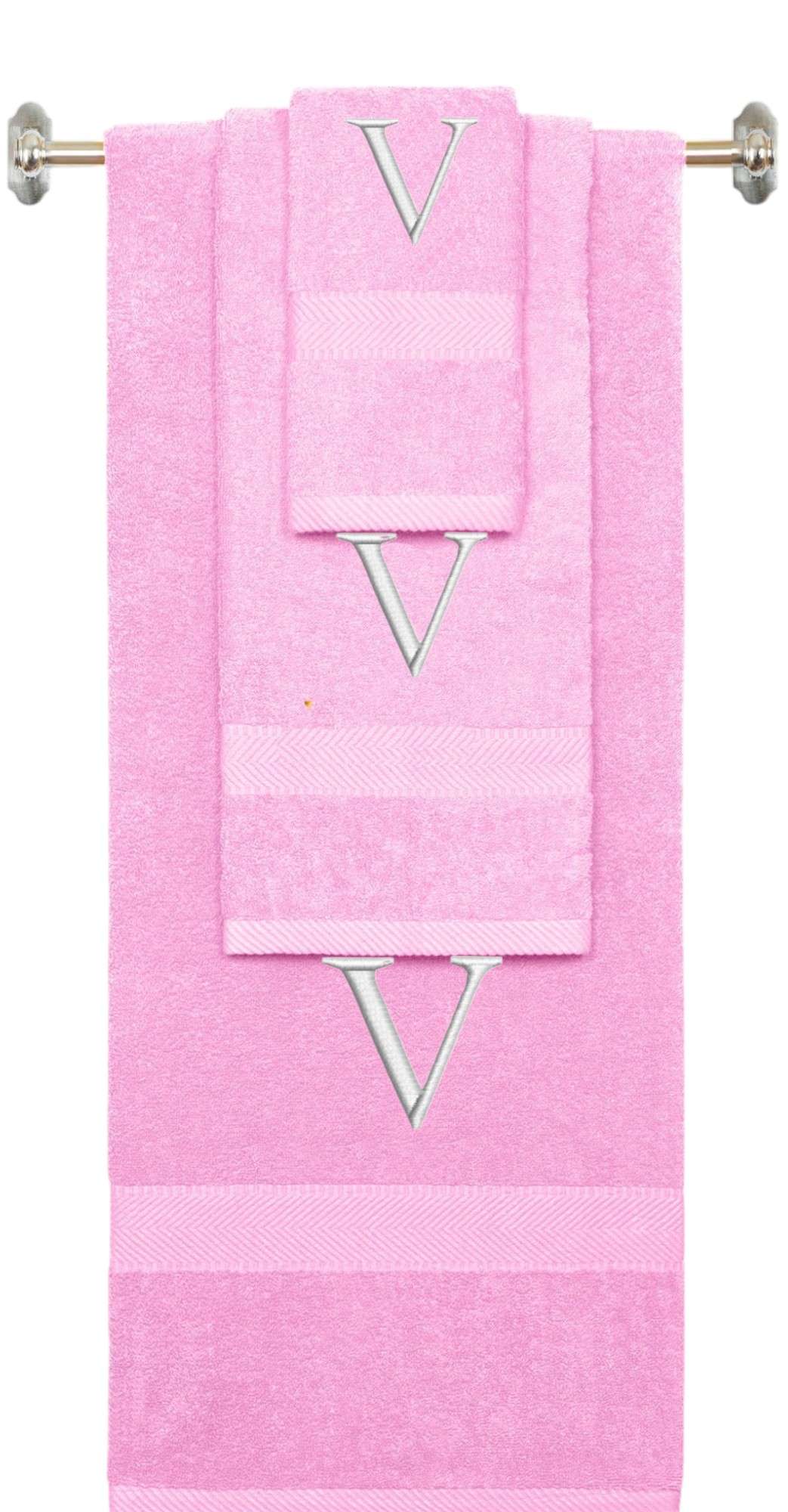 Pink monogrammed towel set with White thread, Times New Roman font, initial V - 540 GSM cotton 3-piece
