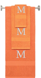 Orange monogrammed towel set with Silver thread, Times New Roman font, initial M - 540 GSM cotton 3-piece