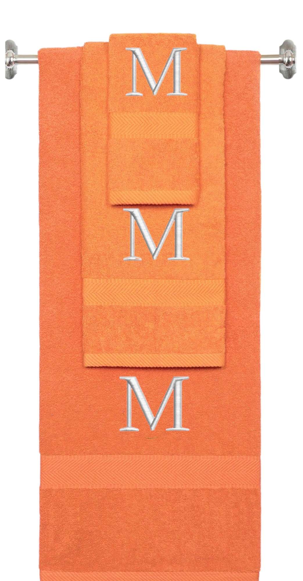 Orange monogrammed towel set with Silver thread, Times New Roman font, initial M - 540 GSM cotton 3-piece