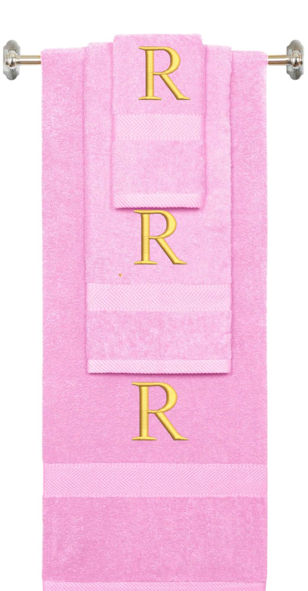 Pink monogrammed towel set with Silver thread, Times New Roman font, initial R - 540 GSM cotton 3-piece