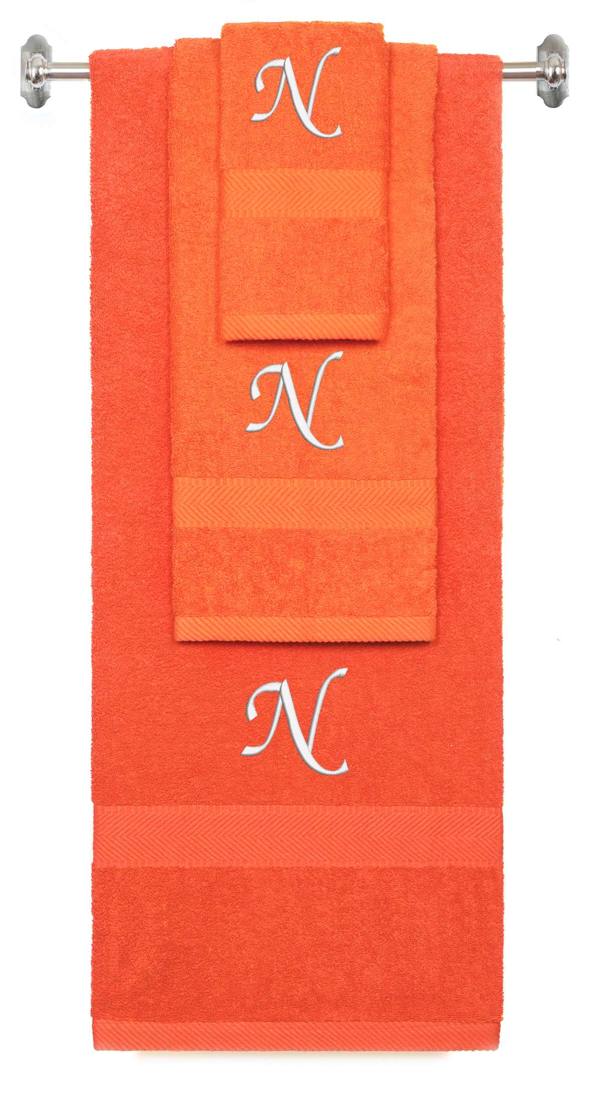Orange monogrammed towel set with White thread, Chancery font, initial N - 540 GSM cotton 3-piece