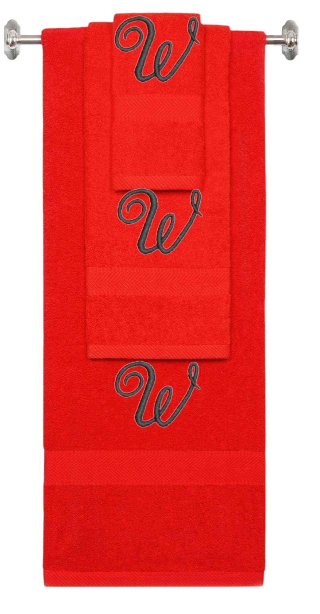 Red monogrammed towel set with Black thread, Diana Script font, initial W - 540 GSM cotton 3-piece