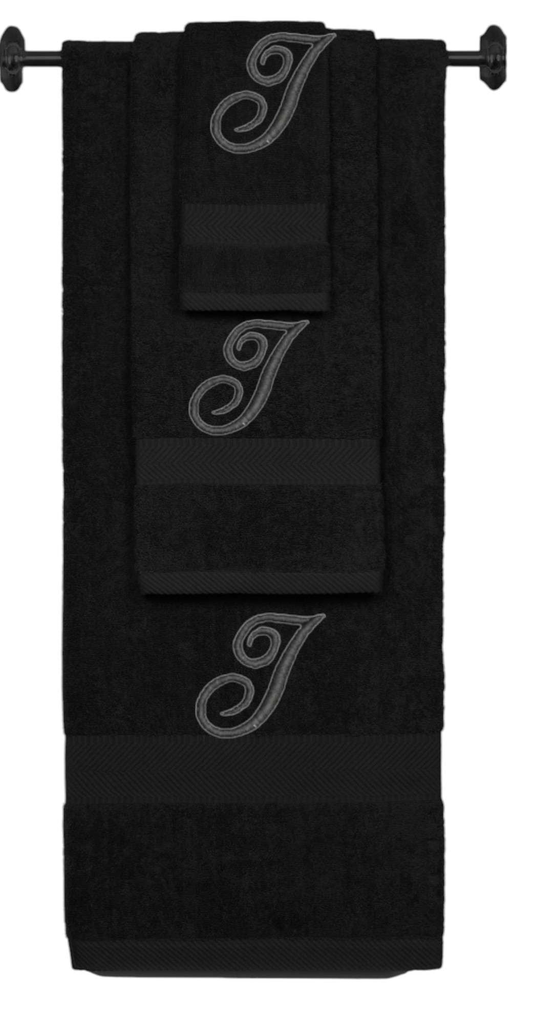 Black monogrammed towel set with Black thread, Diana Script font, initial I - 540 GSM cotton 3-piece