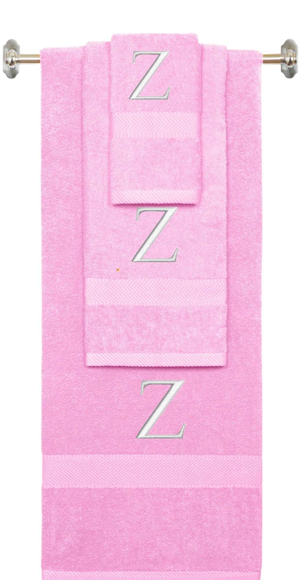 Pink monogrammed towel set with White thread, Times New Roman font, initial Z - 540 GSM cotton 3-piece