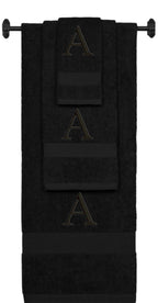 Black monogrammed towel set with Black thread, Times New Roman font, initial A - 540 GSM cotton 3-piece