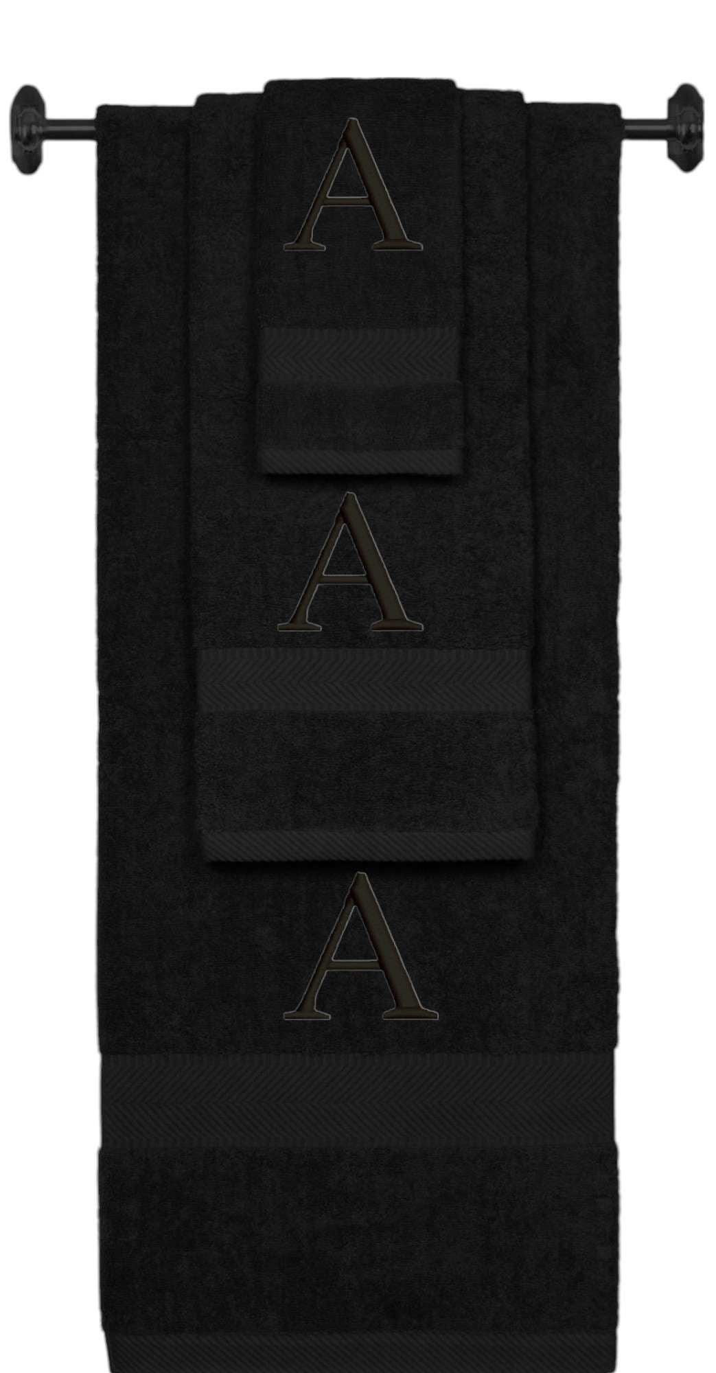 Black monogrammed towel set with Black thread, Times New Roman font, initial A - 540 GSM cotton 3-piece
