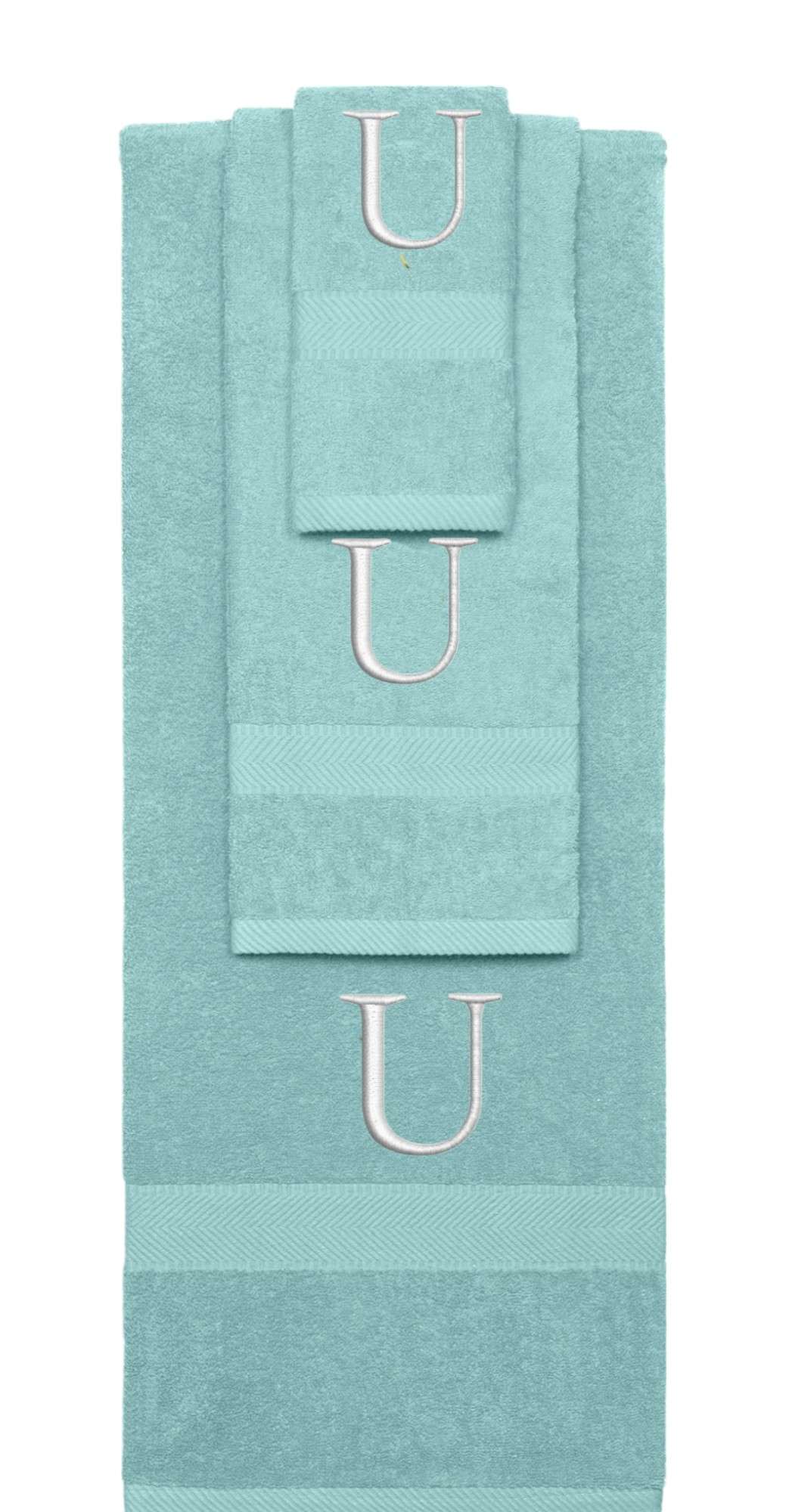 Nautical Teal monogrammed towel set with Silver thread, Times New Roman font, initial U - 540 GSM cotton 3-piece