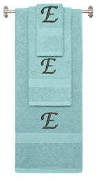 Nautical Teal monogrammed towel set with Black thread, Chancery font, initial E - 540 GSM cotton 3-piece