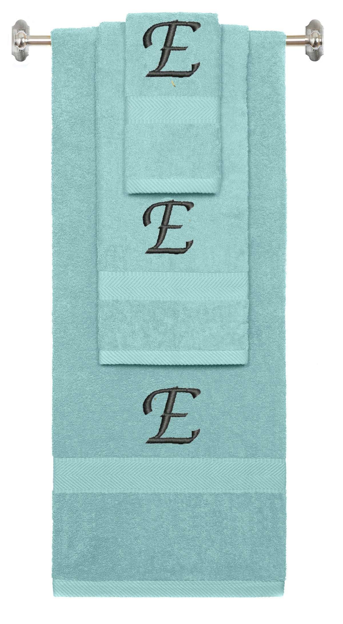 Nautical Teal monogrammed towel set with Black thread, Chancery font, initial E - 540 GSM cotton 3-piece
