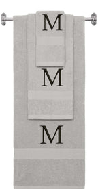 Silver monogrammed towel set with Black thread, Times New Roman font, initial M - 540 GSM cotton 3-piece