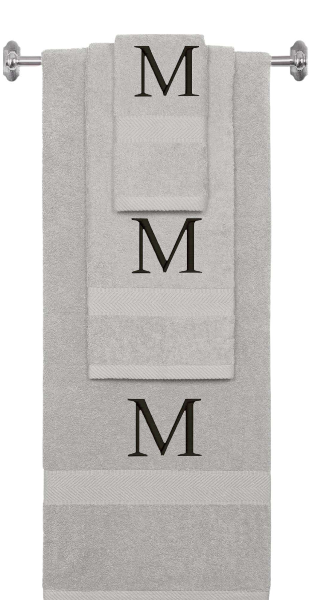 Silver monogrammed towel set with Black thread, Times New Roman font, initial M - 540 GSM cotton 3-piece