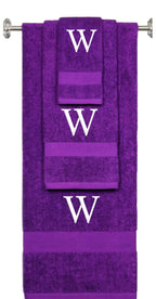 Purple monogrammed towel set with White thread, Times New Roman font, initial W - 540 GSM cotton 3-piece
