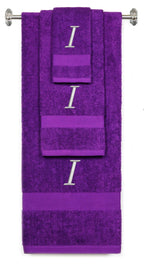 Purple monogrammed towel set with Silver thread, Chancery font, initial I - 540 GSM cotton 3-piece