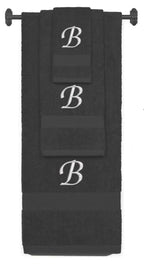 Charcoal monogrammed towel set with Silver thread, Chancery font, initial B - 540 GSM cotton 3-piece