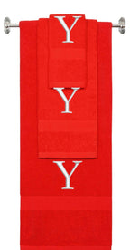 Red monogrammed towel set with Silver thread, Times New Roman font, initial Y - 540 GSM cotton 3-piece