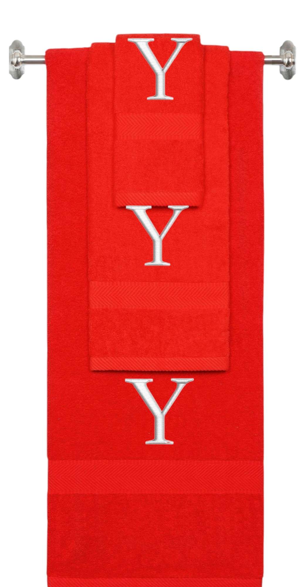 Red monogrammed towel set with Silver thread, Times New Roman font, initial Y - 540 GSM cotton 3-piece