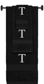 Black monogrammed towel set with Silver thread, Times New Roman font, initial T - 540 GSM cotton 3-piece