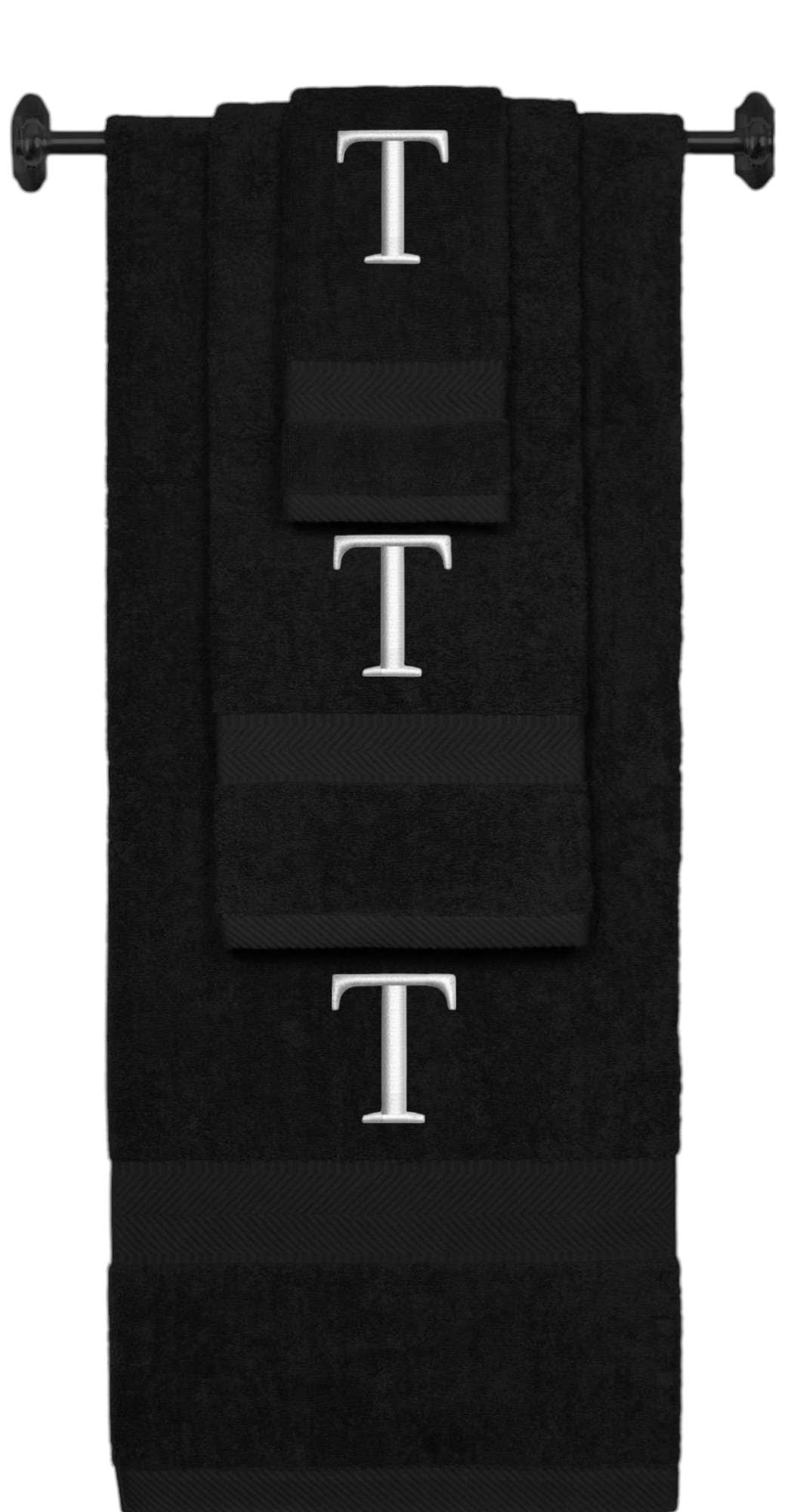 Black monogrammed towel set with Silver thread, Times New Roman font, initial T - 540 GSM cotton 3-piece