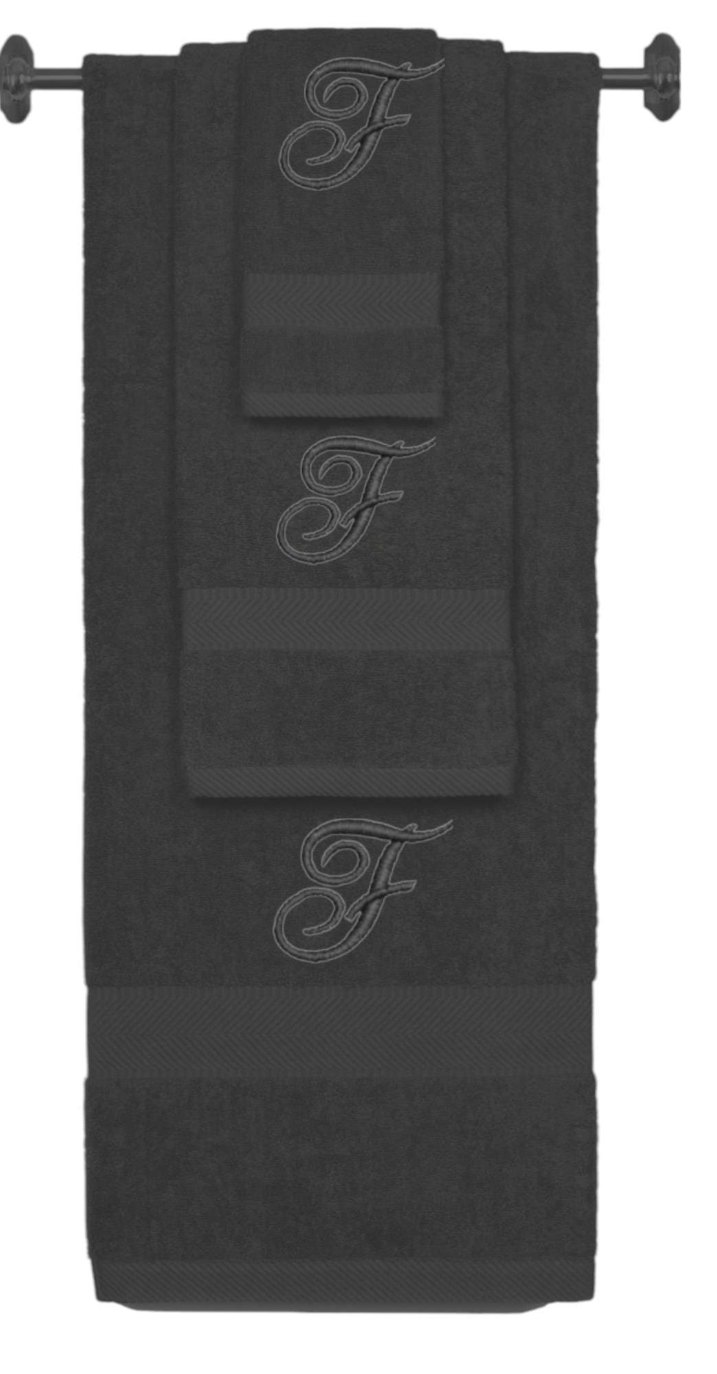 Charcoal monogrammed towel set with Black thread, Diana Script font, initial F - 540 GSM cotton 3-piece