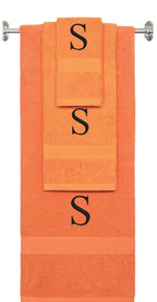 Orange monogrammed towel set with Black thread, Times New Roman font, initial S - 540 GSM cotton 3-piece
