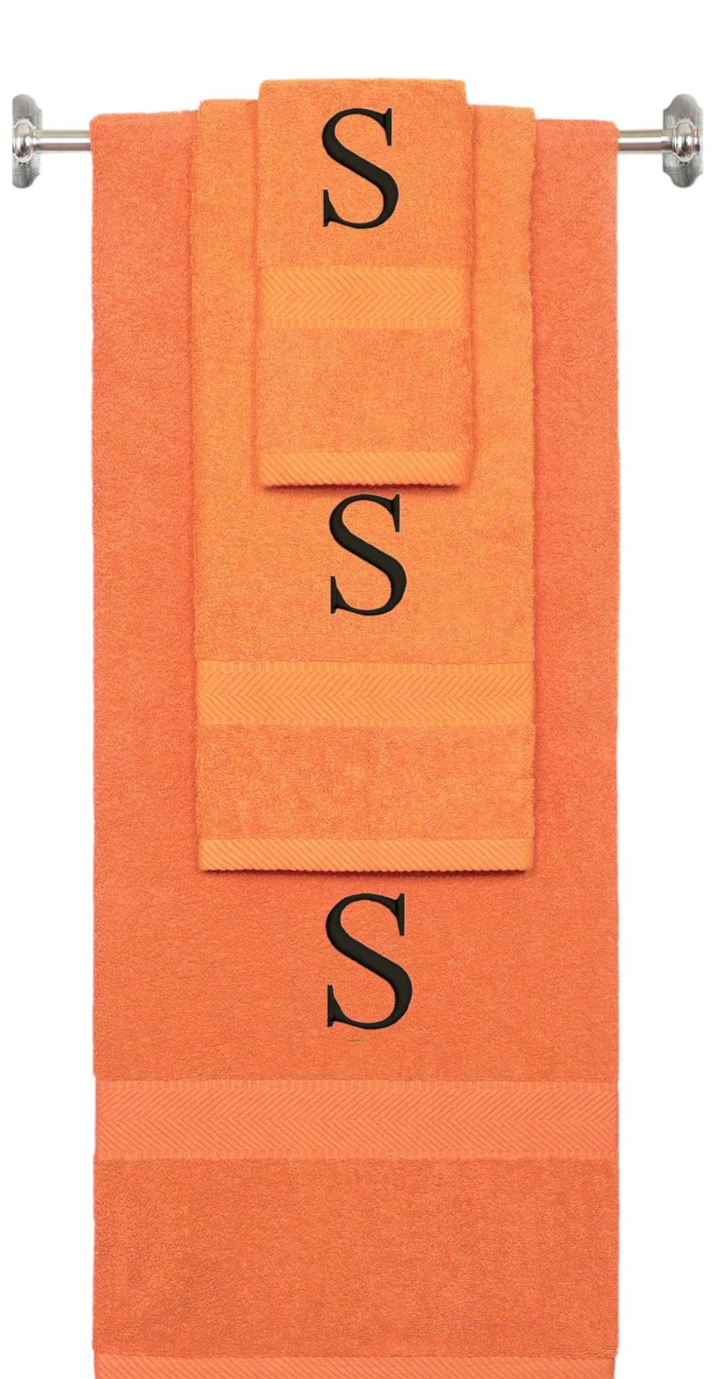 Orange monogrammed towel set with Black thread, Times New Roman font, initial S - 540 GSM cotton 3-piece
