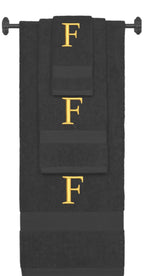 Charcoal monogrammed towel set with Gold thread, Times New Roman font, initial F - 540 GSM cotton 3-piece