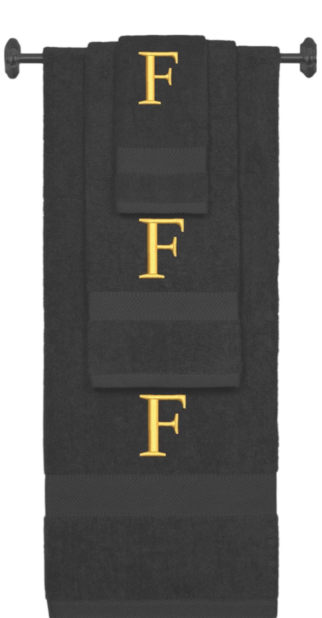 Charcoal monogrammed towel set with Gold thread, Times New Roman font, initial F - 540 GSM cotton 3-piece
