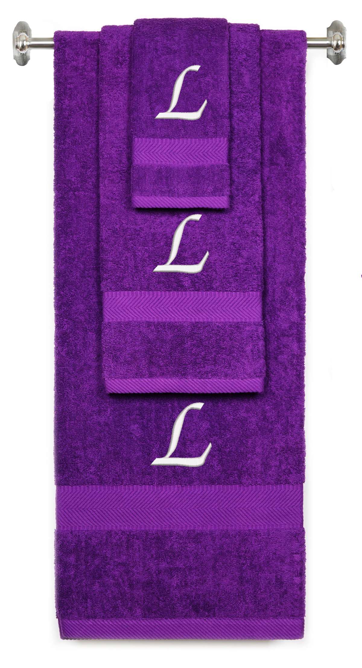 Purple monogrammed towel set with White thread, Chancery font, initial L - 540 GSM cotton 3-piece