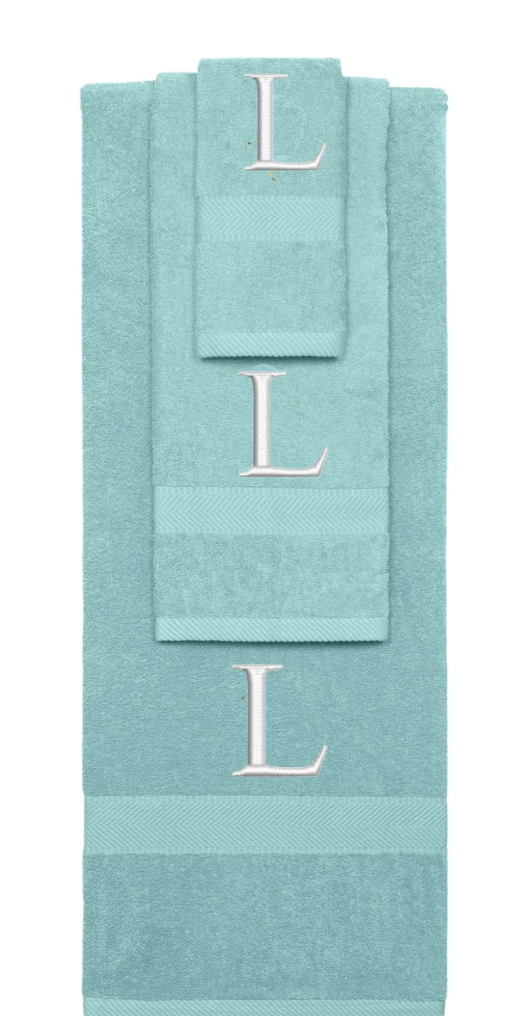 Nautical Teal monogrammed towel set with Silver thread, Times New Roman font, initial L - 540 GSM cotton 3-piece