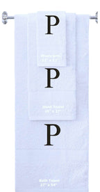 White monogrammed towel set with Black thread, Times New Roman font, initial P - 540 GSM cotton 3-piece