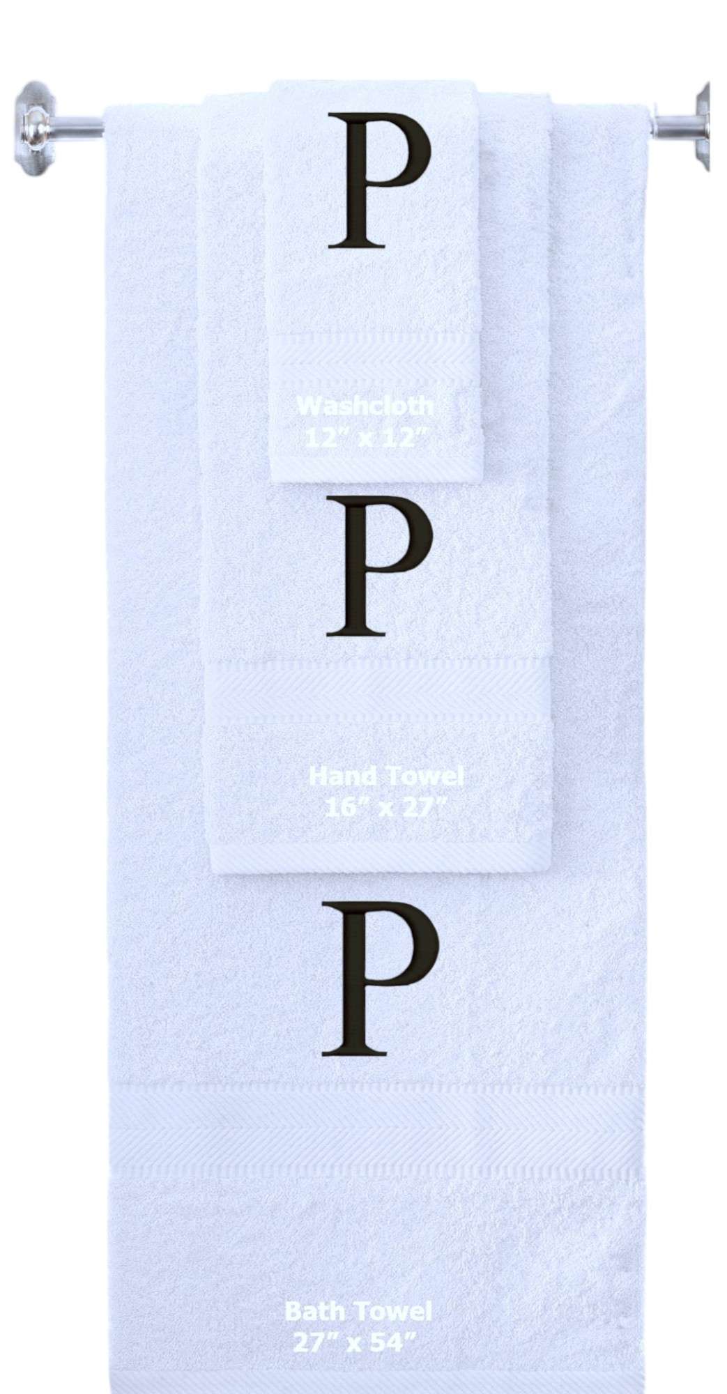 White monogrammed towel set with Black thread, Times New Roman font, initial P - 540 GSM cotton 3-piece