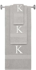 Silver monogrammed towel set with White thread, Times New Roman font, initial K - 540 GSM cotton 3-piece