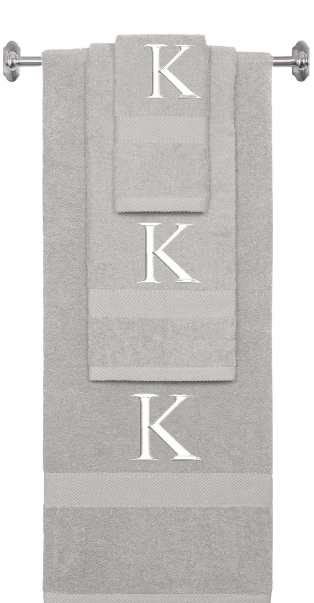 Silver monogrammed towel set with White thread, Times New Roman font, initial K - 540 GSM cotton 3-piece