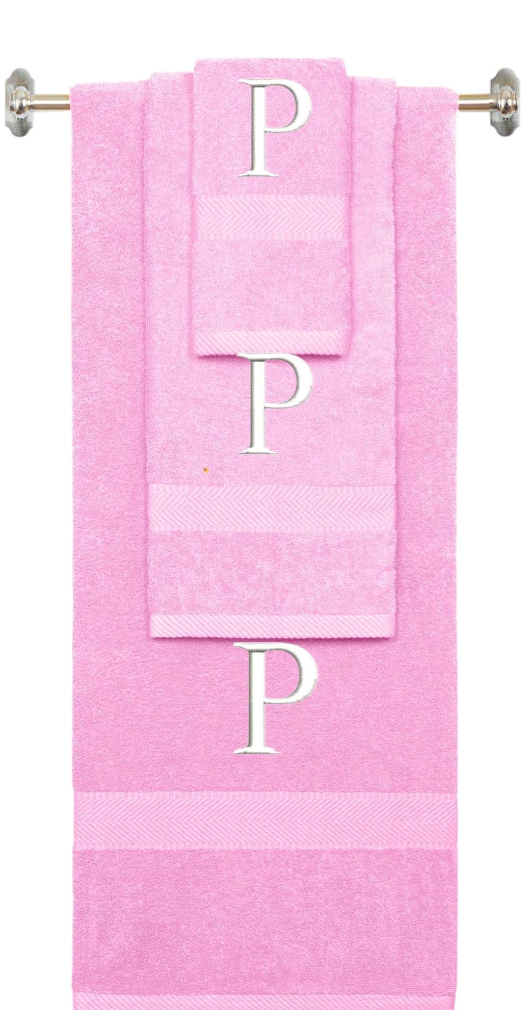 Purple monogrammed towel set with Black thread, Times New Roman font, initial P - 540 GSM cotton 3-piece
