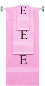 Pink monogrammed towel set with Black thread, Times New Roman font, initial E - 540 GSM cotton 3-piece