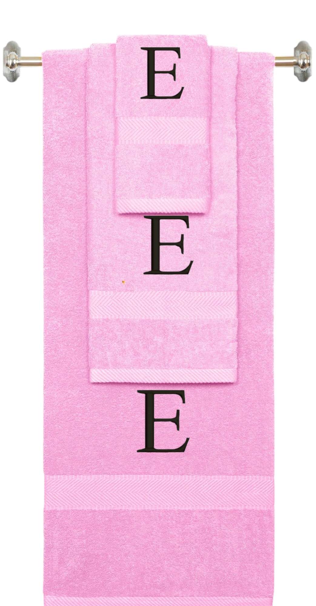 Pink monogrammed towel set with Black thread, Times New Roman font, initial E - 540 GSM cotton 3-piece