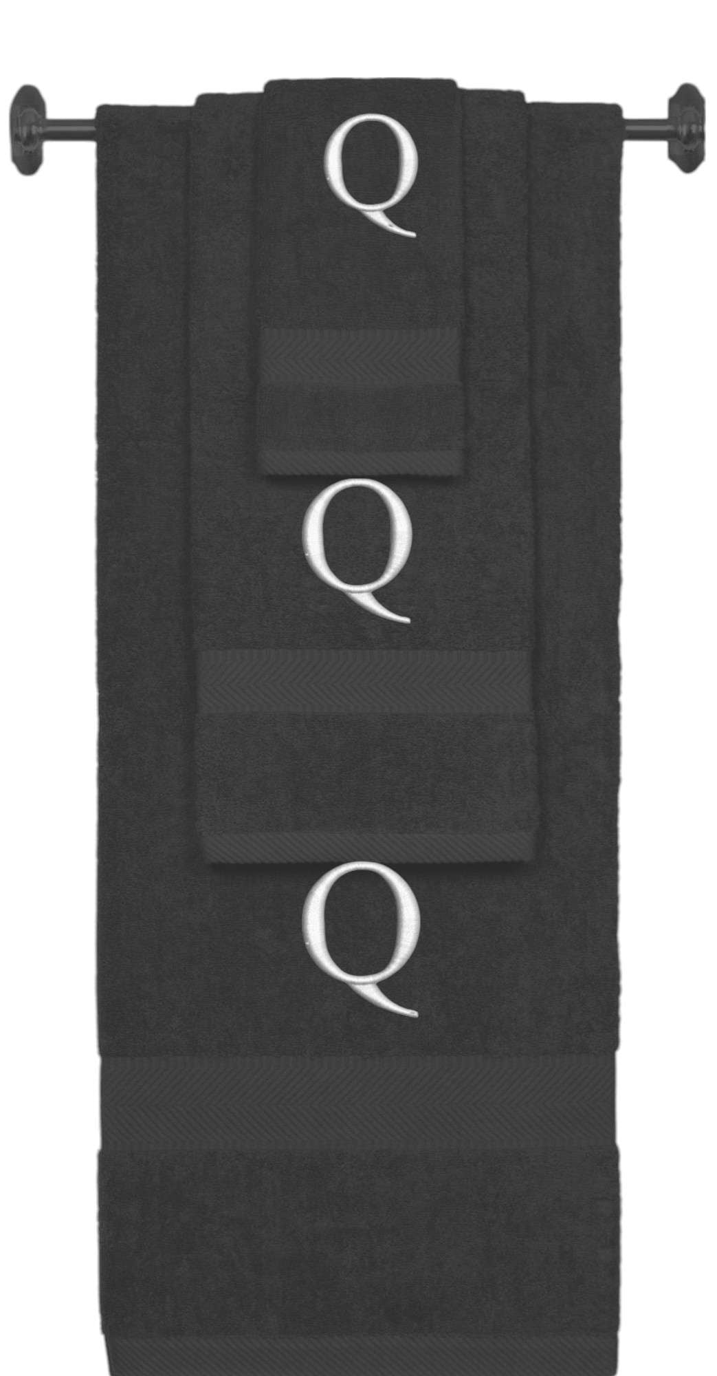 Charcoal monogrammed towel set with Silver thread, Times New Roman font, initial Q - 540 GSM cotton 3-piece