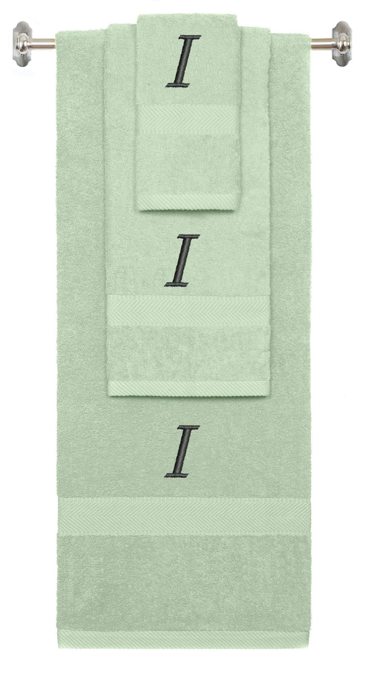 Mint Green monogrammed towel set with Black thread, Chancery font, initial I - 540 GSM cotton 3-piece