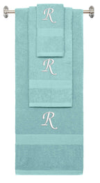 Nautical Teal monogrammed towel set with White thread, Chancery font, initial R - 540 GSM cotton 3-piece
