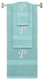 Nautical Teal monogrammed towel set with White thread, Chancery font, initial P - 540 GSM cotton 3-piece