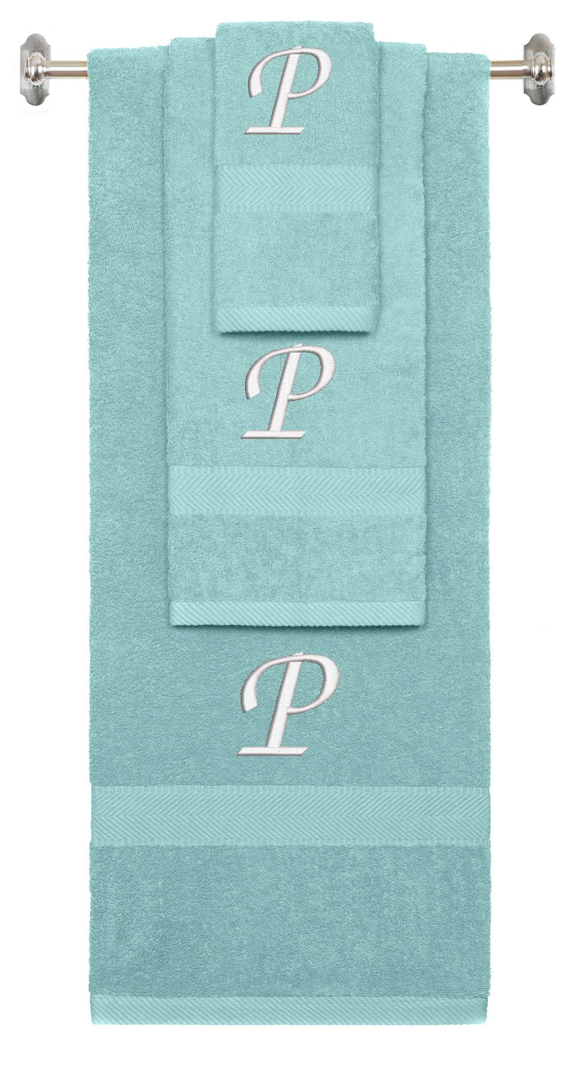 Nautical Teal monogrammed towel set with White thread, Chancery font, initial P - 540 GSM cotton 3-piece
